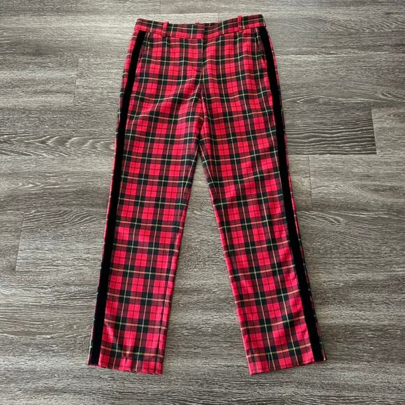EUC Maje Red Pantya Velvet Piped Plaid Pants Tartan Cropped Check Slim Trouser - Picture 12 of 16